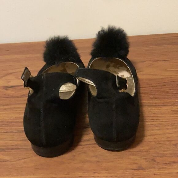 Little Eric Black Ballet Flat with ankle strap and mink PomPom. Size 7 - Picture 2 of 6